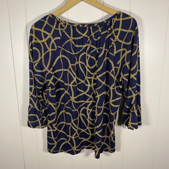 NWT MICHAEL KORS Women's Navy Gold Chain Print 3/4 Sleeve‎ Top Blouse Size L - Picture 8 of 15